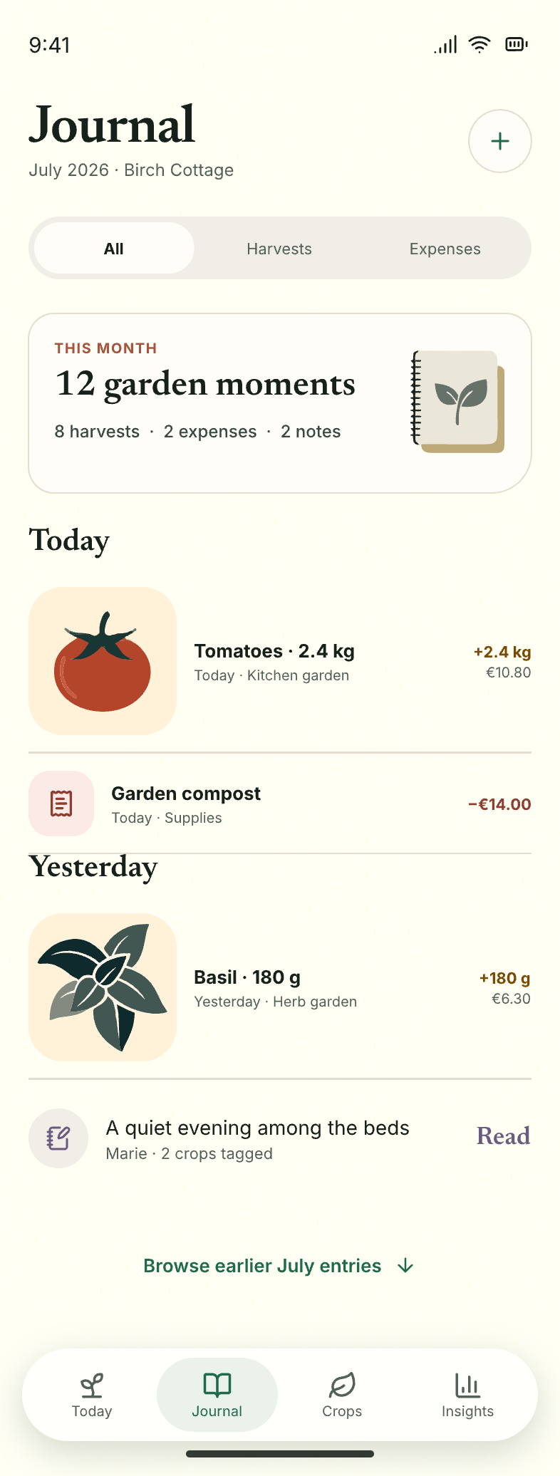 Journal — Every harvest, expense and note on one warm timeline, newest first.